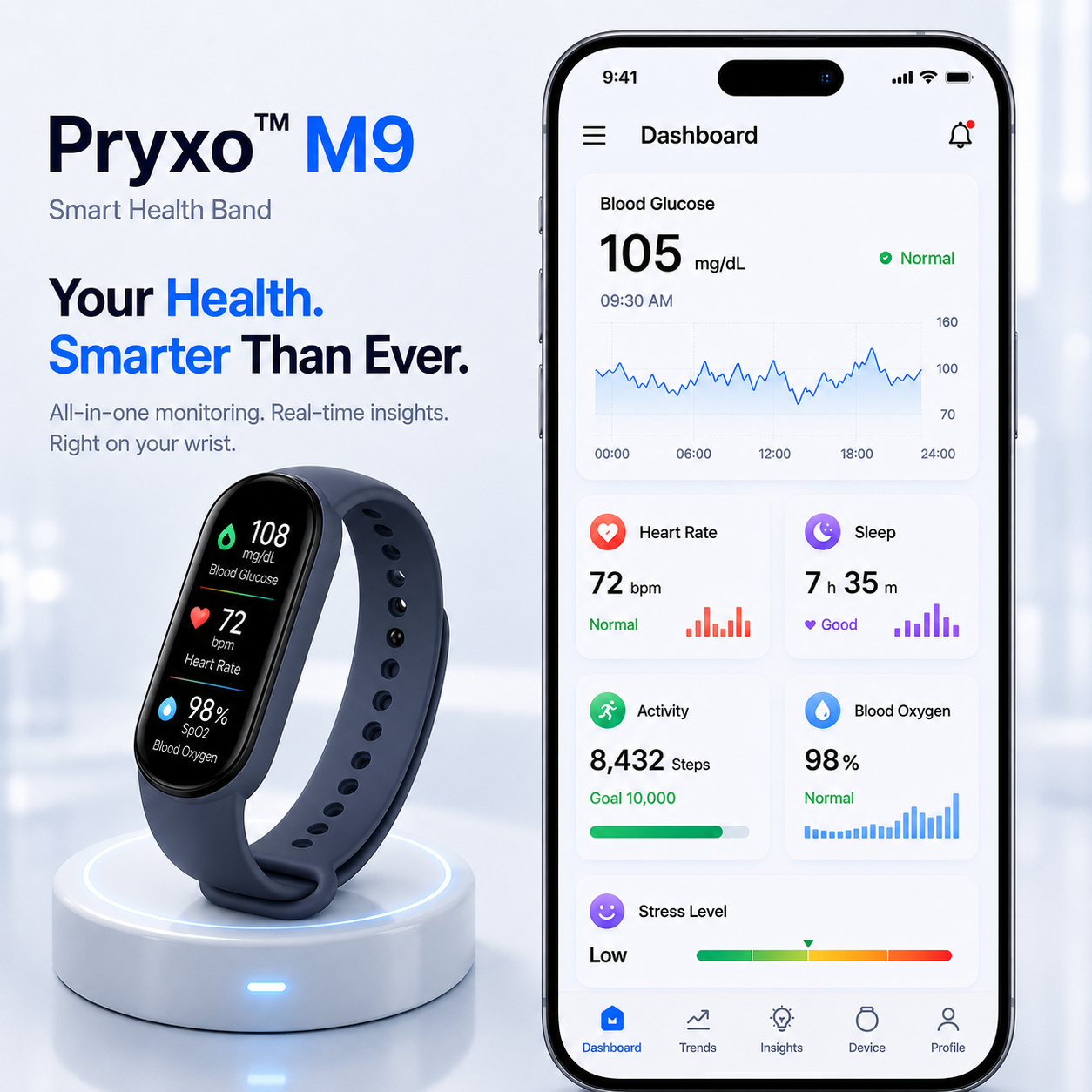 🔥80% OFF Launch Offer 🏆 2026 Pryxo™ M9 Non-Invasive Smart Band 📈12 health reports - No-Prick