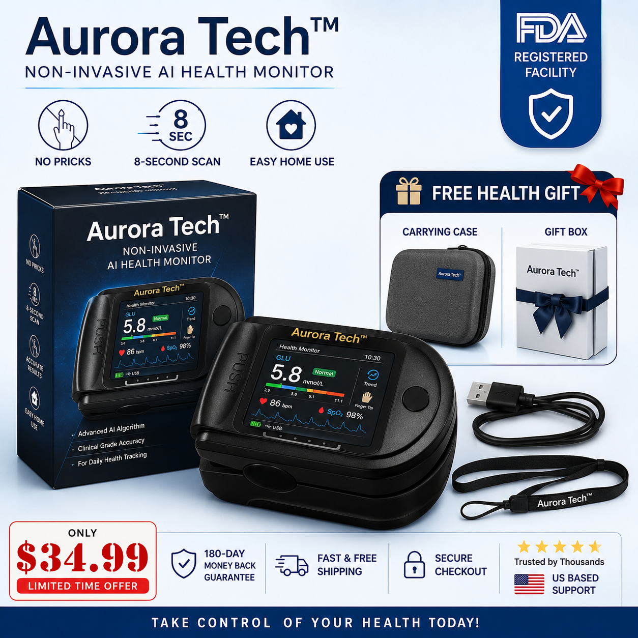 Aurora Tech™ Non-Invasive AI Blood Glucose Meter | High-Precision 99.9% Accuracy | TGA Certified