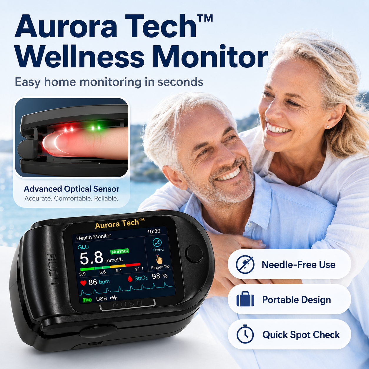 Aurora Tech™ Non-Invasive AI Blood Glucose Meter | High-Precision 99.9% Accuracy | TGA Certified