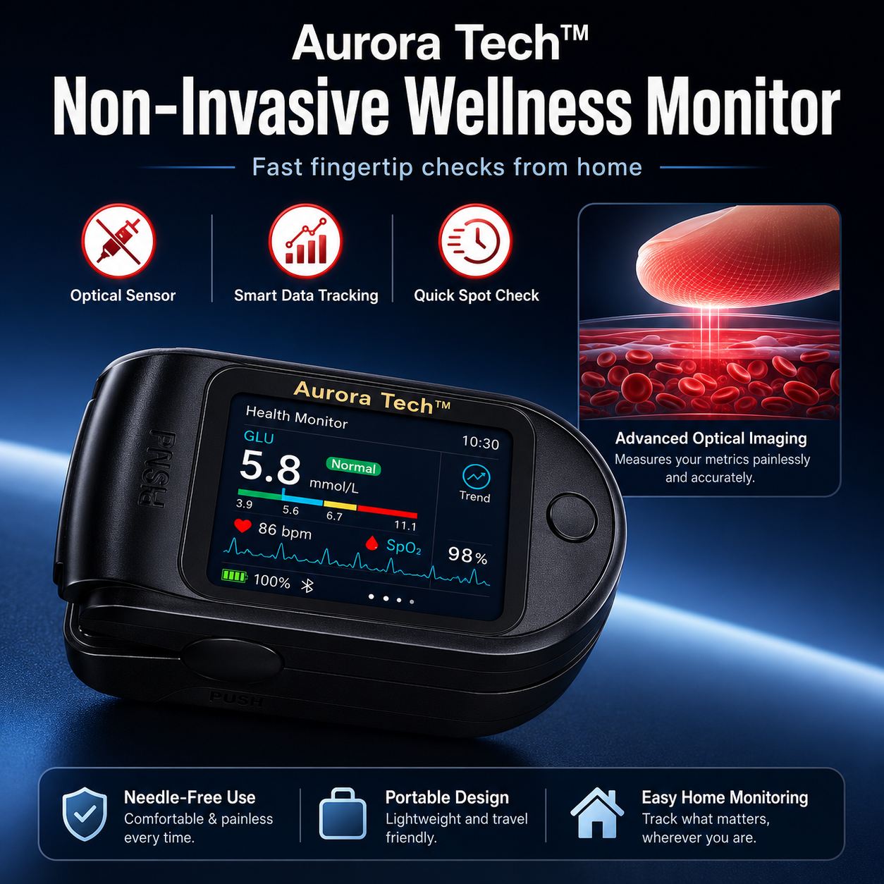 Aurora Tech™ Non-Invasive AI Blood Glucose Meter | High-Precision 99.9% Accuracy | TGA Certified
